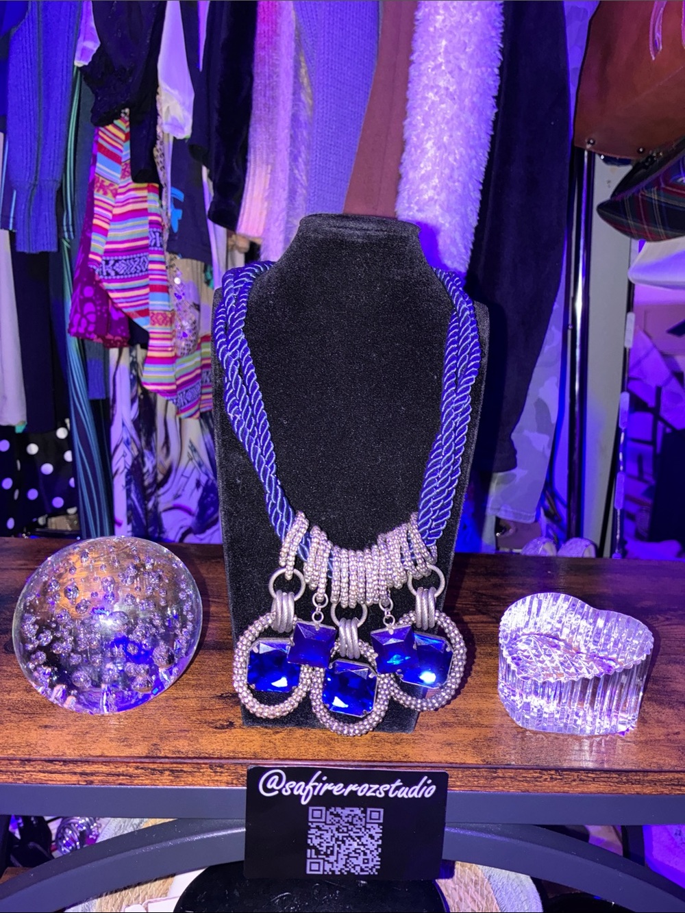 Blue Crystal Pendant Rope Necklace with Silver Accents